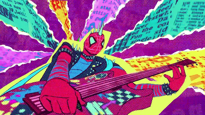Eine farbenfrohe, comichafte Illustration von **Spider-Punk**, der eine rot-pinke E-Gitarre spielt. Er trägt eine Jeansjacke mit Nieten und roten Stacheln, eine stachelige Irokesenfrisur und ein blaues Spinnen-Outfit. Der Hintergrund besteht aus zerrissenen Zeitungsausschnitten in leuchtenden, ungleichen Farben wie Pink, Grün und Lila, die von der Mitte ausstrahlen. Der gesamte Stil ist grob gerastert und erinnert an Pop-Art und Punk-Zines.
