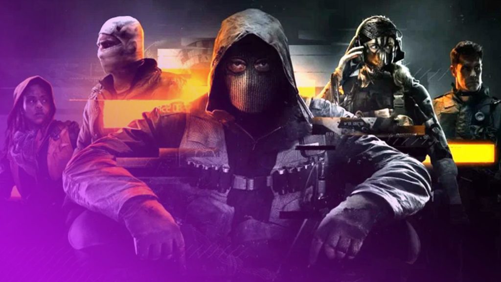 Ein Gruppenporträt von fünf düster aussehenden, kampfbereiten Charakteren aus dem Videospiel Call of Duty: Black Ops. Im Zentrum, leicht vorgebeugt, sitzt eine Person in Tarnkleidung und Kapuze, deren Gesicht hinter einer Sturmhaube verborgen ist. Links von ihr steht ein Mann mit einer gruseligen, weißen Gesichtsmaske, die Zähne freilegt, und eine schwarze Person, die ebenfalls eine Kapuze und eine orangefarbene Jacke trägt. Rechts hinter dem zentralen Charakter sind eine Frau mit dunklen Haaren und einer Art futuristischem Visier sowie ein Soldat in voller Kampfmontur zu sehen. Der Hintergrund ist dunkel und verschwommen, mit leuchtend orangen und gelben Lichtern, die einen bedrohlichen Kontrast bilden. Die gesamte Szenerie hat eine ernste und actionreiche Stimmung.