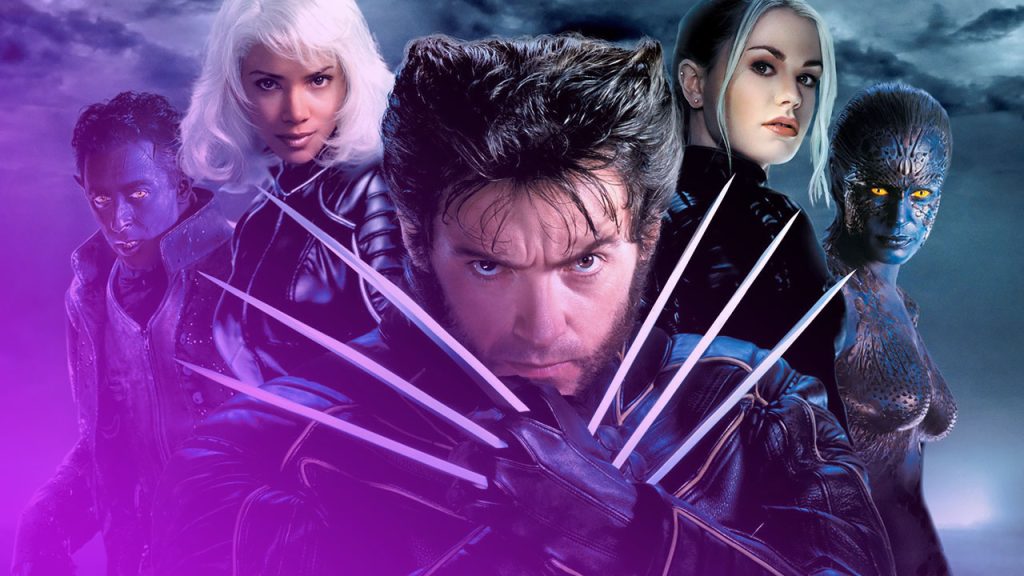 Ein Poster mit den Gesichtern der Hauptcharaktere des Films "X-Men". In der Mitte steht Wolverine mit seinen kreuzförmig ausgestreckten Krallen und blickt direkt in die Kamera. Hinter ihm stehen vier weitere Charaktere: links von ihm Nightcrawler (blauhäutig und gehörnt) und Storm (mit weißen Haaren), und rechts von ihm Rogue und Mystique (blauhäutig mit gelben Augen). Alle Charaktere tragen dunkle, lederartige Kleidung und blicken ernst. Der Hintergrund ist ein dramatisch bewölkter Himmel.