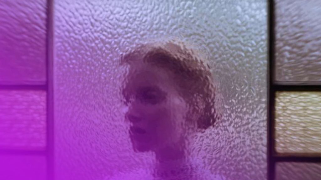 Eine helle Aufnahme, die das Profil einer Person mit hellen, kurzen Haaren hinter einer texturierten, durchscheinenden Glasscheibe zeigt, die wie Klarglas in der Mitte eines Buntglasfensters wirkt. Die Person scheint nach links zu blicken und trägt ein helles, hochgeschlossenes Oberteil. Das strukturierte Glas verzerrt das Gesicht und die Kleidung. An den Seiten der zentralen Scheibe befinden sich rechteckige Abschnitte aus getöntem Glas in Brauntönen und einem gedämpften Gelb oder Gold. Die Beleuchtung ist hell, was die zentrale Person hervorhebt.