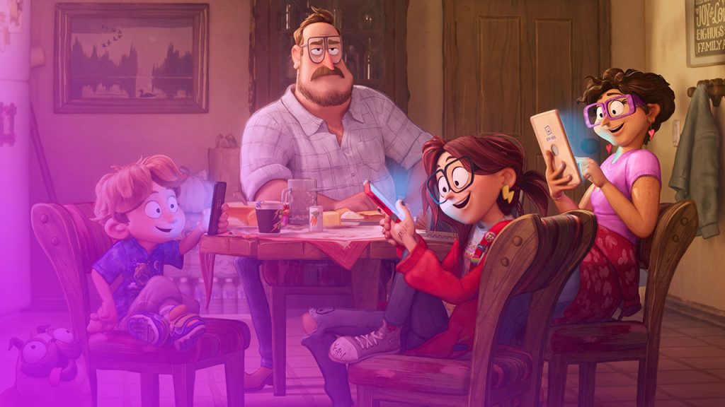 Eine illustrierte Szene zeigt eine vierköpfige Familie und ihren Hund, die an einem Holztisch sitzen und frühstücken. Der Vater, mit Schnurrbart und Brille, schaut mit einem leichten Stirnrunzeln über den Tisch. Er ist der Einzige, der nicht auf ein leuchtendes Smartphone starrt. Seine Frau und zwei Kinder (ein Mädchen und ein Junge) schauen alle auf ihre Geräte, deren hellblaue Bildschirme ihre Gesichter beleuchten. Der kleine Mops des Jungen liegt auf dem Boden und schaut zum Jungen auf. Die Familie sitzt in einem warm beleuchteten Speisesaal mit einer Holztür und einem gerahmten Bild im Hintergrund.