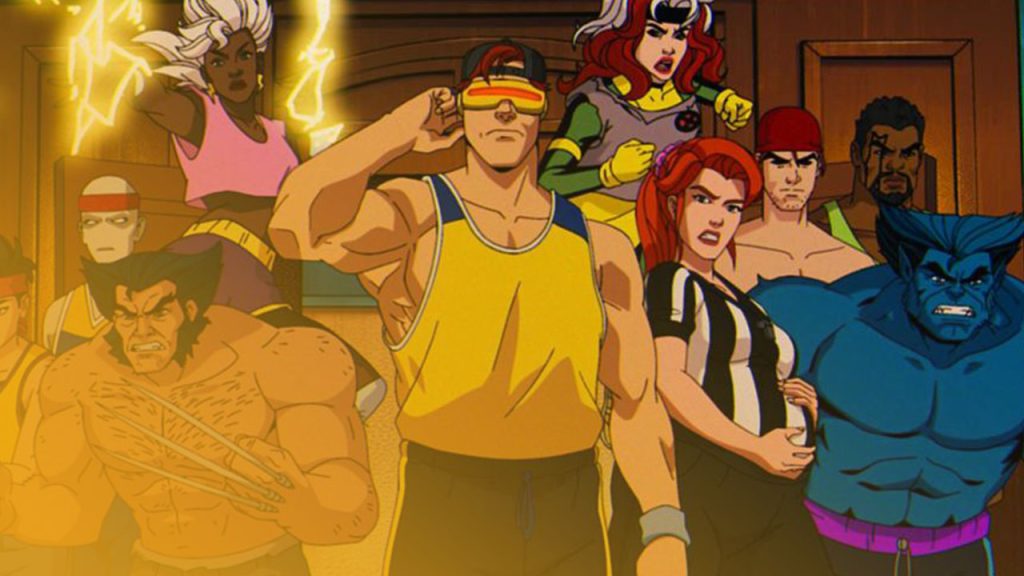 Eine bunte, dynamische Gruppenaufnahme der X-Men aus der Zeichentrickserie "X-Men '97". Im Vordergrund stehen Wolverine (oben ohne, mit ausgefahrenen Krallen) und Cyclops (in gelbem Tanktop und Sonnenbrille), der seinen Bizeps beugt. Um sie herum versammelt sind: links Jubilee, ein blasser Mutant mit roten Streifen im Haar und Storm (mit Blitzen um sie herum); rechts Rogue, Jean Grey (in Schwarz-Weiß), ein Mutant mit roter Kappe und ein anderer in dunkler Kleidung, und Beast (groß, blau, pelzig). Die Gruppe steht in einem Raum mit Holztüren und gerahmten Bildern an den Wänden.