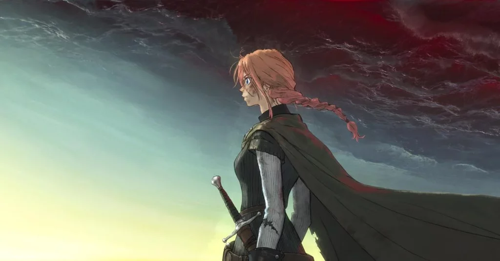 Anime-Stil: Frau mit Zopf und Schwert blickt auf einen bedrohlichen, zweigeteilten Himmel; unten blau, oben rot. Sie trägt einen Umhang.