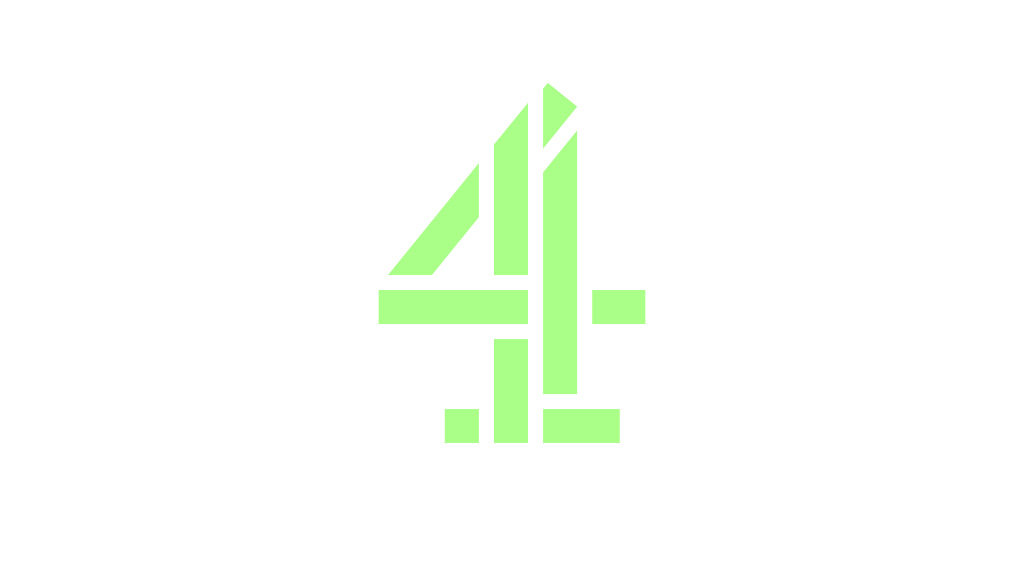 Das hellgrüne Channel 4-Logo aus abstrakten, geometrischen Blöcken mittig auf weißem Hintergrund.