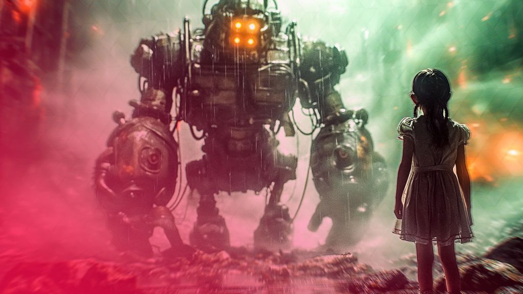 Ein kleines Mädchen steht im grünen Nebel vor einem riesigen, mechanischen Roboter mit leuchtend gelben Augen.