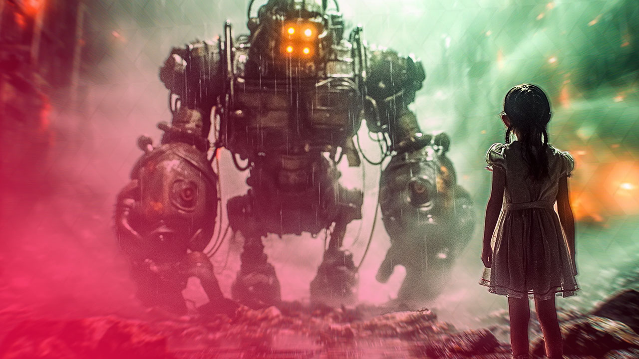 Ein kleines Mädchen steht im grünen Nebel vor einem riesigen, mechanischen Roboter mit leuchtend gelben Augen.