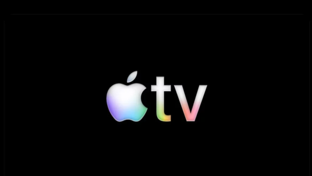 Das bunte, schimmernde Apple TV Logo (Apfel und „tv“) auf einem schlichten, schwarzen Hintergrund.