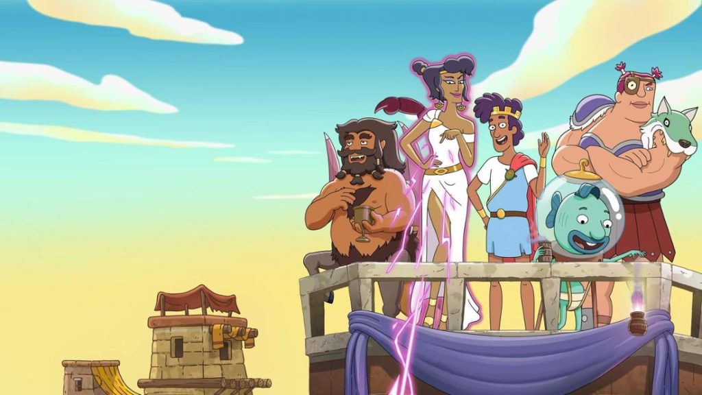 Cartoon-Szene: Fünf antike griechische Charaktere und ein Fisch im Glas stehen auf einem Balkon vor gelbem Himmel.