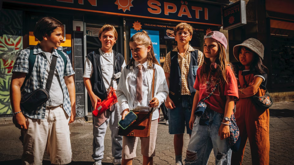 Sechs Kinder stehen vor einem „SPÄTI“-Geschäft. Sie tragen unterschiedliche, farbenfrohe Kleidung und Accessoires wie Rucksäcke, Taschen und eine rote Spielzeug-Waffe. Die Sonne scheint und wirft Schatten auf den Gehweg. Die Kinder blicken in verschiedene Richtungen, einige ernst, einige neugierig.