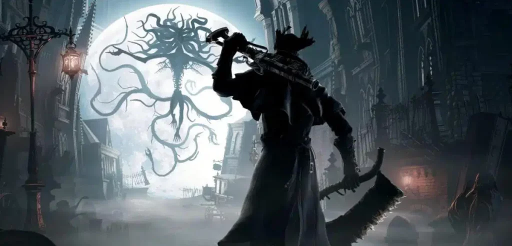 Ein dunkler Krieger mit Axt steht in einer nebligen, gotischen Stadt und blickt auf ein riesiges, tentakelartiges Monster vor dem Vollmond.