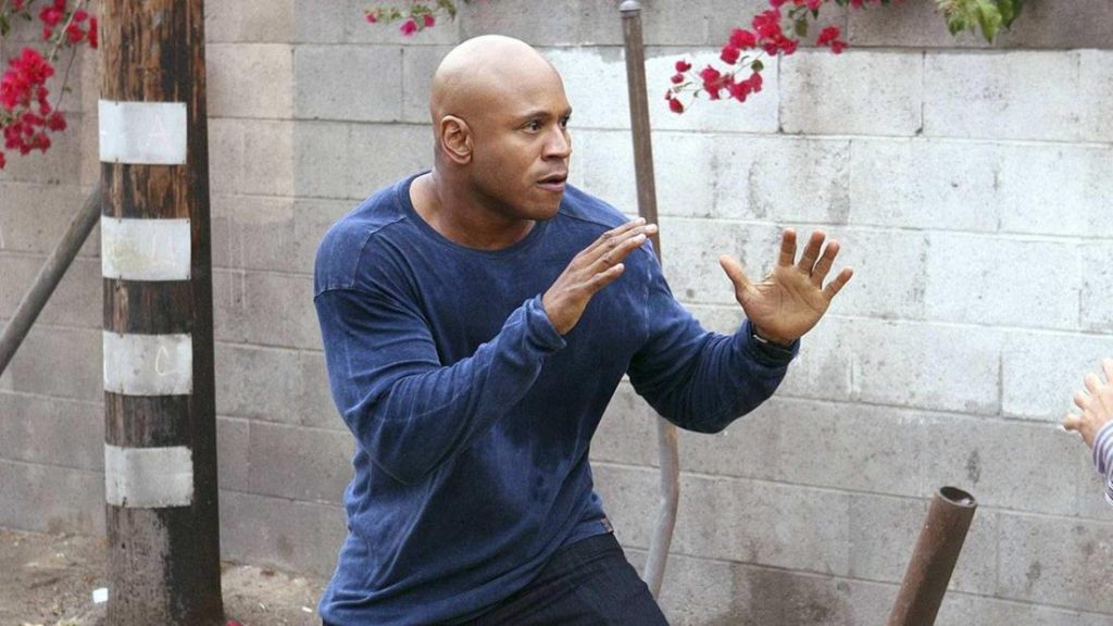 Ein kahlköpfiger Mann in einem blauen Langarmshirt steht in einer defensiven Haltung vor einer grauen Ziegelwand. Er hat die Hände erhoben und blickt konzentriert zur Seite, während im Hintergrund rote Blumen blühen.