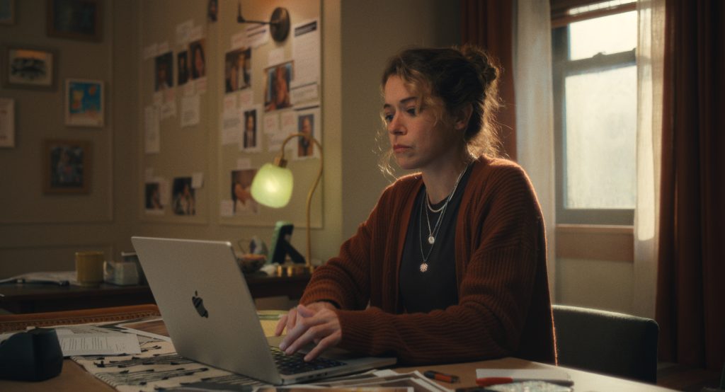 Eine Frau mit hochgesteckten Haaren sitzt konzentriert an einem Schreibtisch und arbeitet an einem Laptop, beleuchtet von einer grünen Lampe und warmem Fensterlicht.