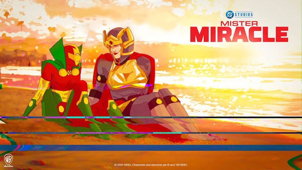 Zwei animierte Superhelden in rot-grünen und gold-roten Kostümen sitzen am Strand bei Sonnenuntergang; rechts Titel „Mister Miracle".