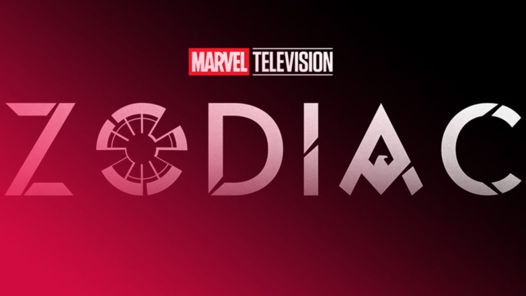 Schwarzer Hintergrund mit Marvel Television Logo oben und silbernem Schriftzug „ZODIAC" mit stilisiertem Kreis-Symbol als O.